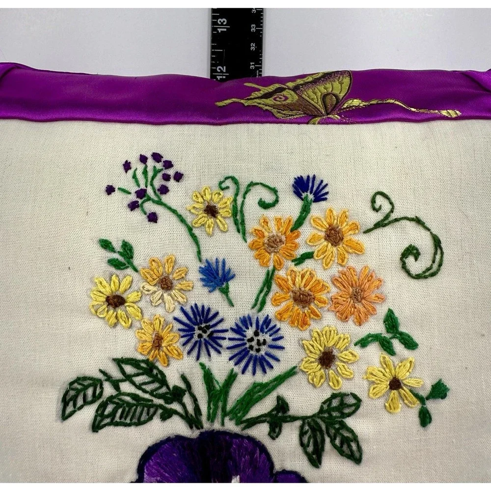 Handmade Embroidered Floral Butterfly Throw Pillow 12x12 Purple‎ Satin EUC